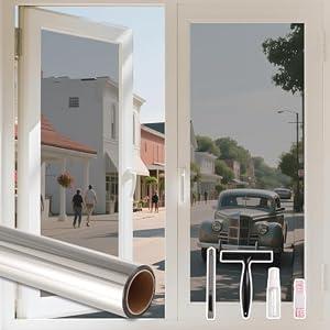 LEMON CLOUD One Way Window Privacy Film See Out Not in Reflective Mirror UV Window Cling Sun Blocking Heat Control Glare Control with Tools, 23.6 Inch x 157.4 Inch