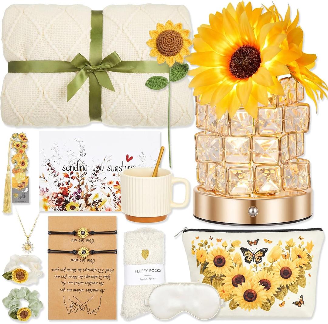 15 Pcs Sunflower Gift Basket for Mother's Day Mom Women,Care Package with Rechargeable Lamp & Blanket, Sunflower Gifts for Mom, Birthday Gifts for Women, Thinking of You Get Well Gift Set