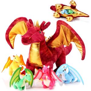 Lenwen 5 Pcs Dragon Plush Toys 16 Inch Stuffed Mommy Dragon Plush with 4 Babies in Zippered Belly for Kids Boys Girls Birthday Gifts Classroom Award Christmas Stocking Stuff