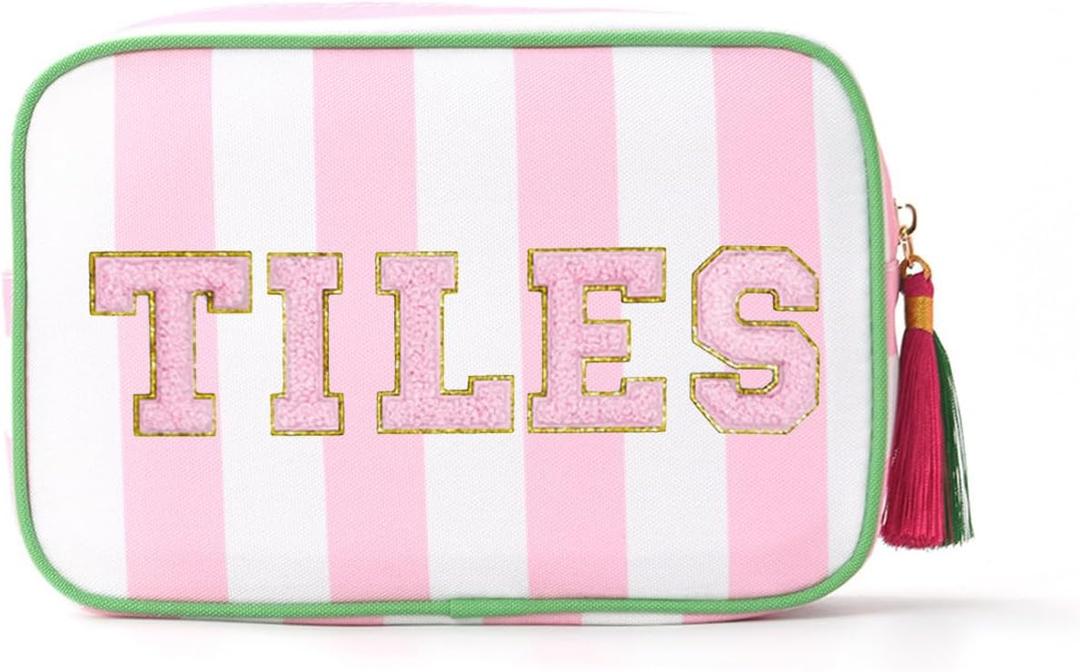 AUONY Empty Mahjong Tile Bag with Tassel, Pink and White Striped Zipper Mahjong Bag Pouch for American Mahjong Set (Pink), 16 Inches X 23.5 Inches X 8.5 Inches