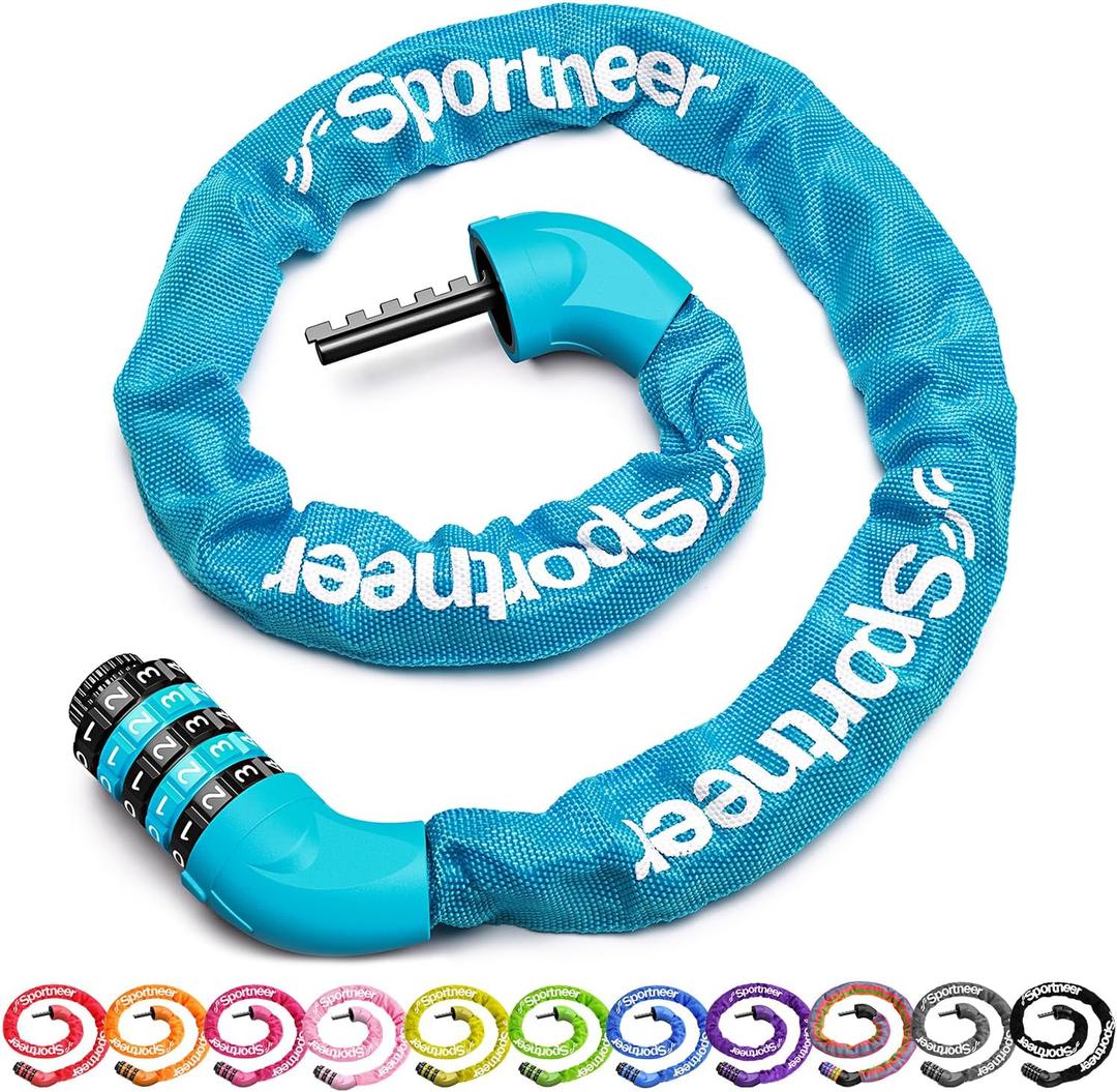 Sportneer Bike Lock: 5 Digit Combination High Security Anti Theft Bike Chain Lock - 3.2/3.6/4ft Heavy Duty Keyless Bicycle Lock for Bike, Motorcycle, Scooter, Door & Gate - 4/6mm Thick, Easy to Use (Sky Blue)