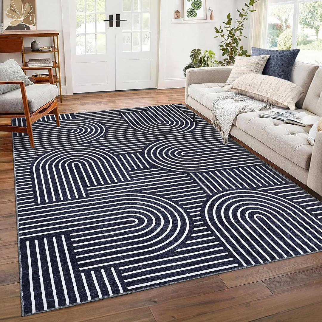 ROYHOME Washable Rug 8x10 Area Rugs for Living Room, Abstract Rug for Bedroom, Soft Rainbow Non Slip Throw Rugs with Rubber Back, Low Pile Stain Resistant Boho Geometric Carpet for Dining Room, Blue