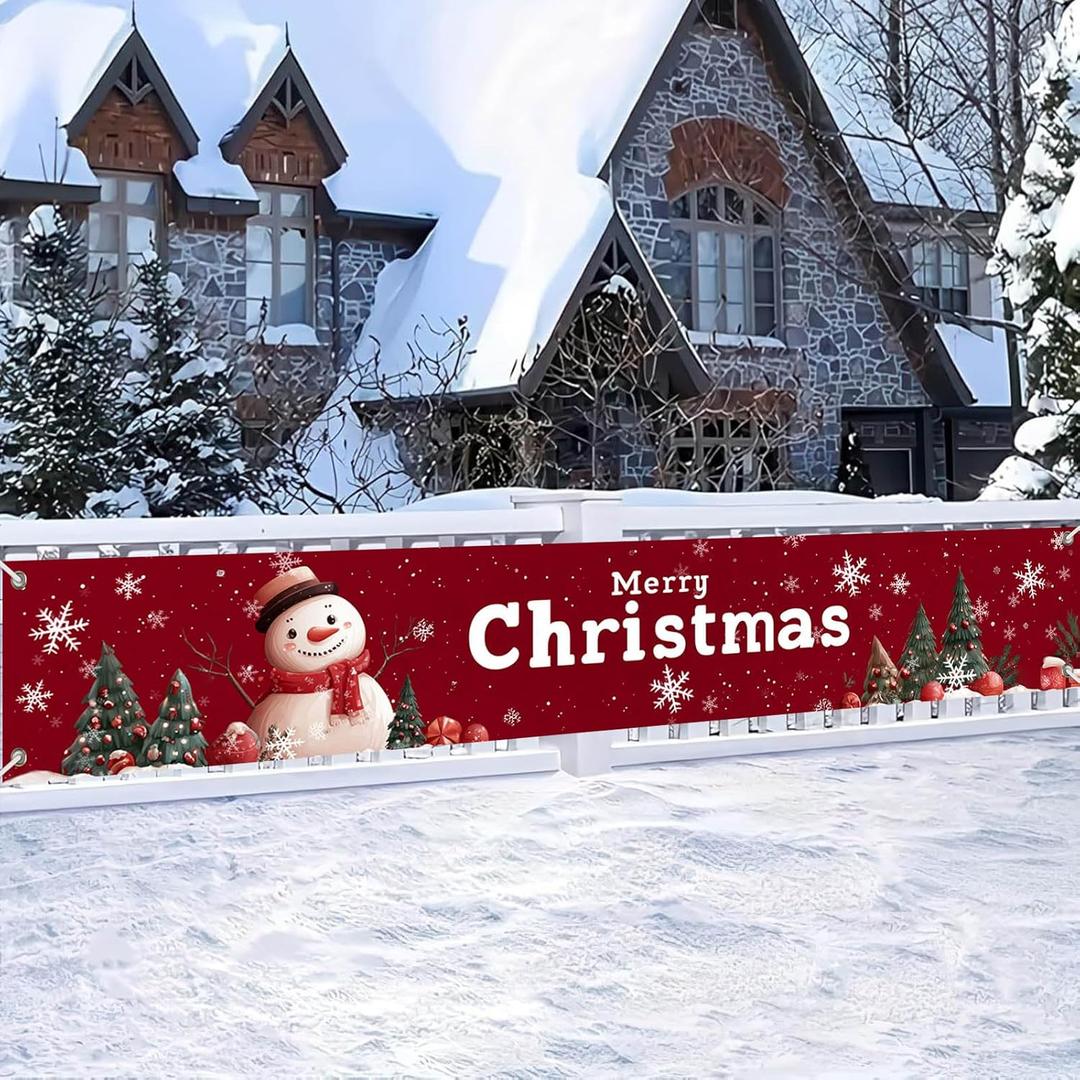 2 x Merry Christmas Banner 118x20 Inches Red Backdrop Snowman Christmas Trees Snowflakes Winter Holiday Scene Indoor Outdoor Party Wall Hanging Festive Photo Background Porch Decoration