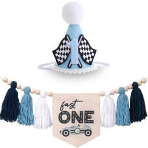 Fast One Race Car HighChair Banner - Milestone Set High Chair Banner & Hat, Blue Decor 1st Birthday Celebration, First Lap Event Baby Photo Props