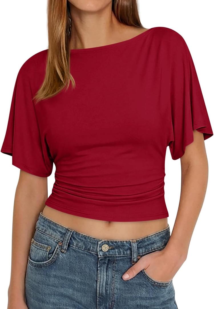 Cicy Bell Womens Summer Wrap Tops Casual Short Sleeve Tie Back Cinched Waist T Shirts Trendy Boat Neck Blouse (Red, XL)