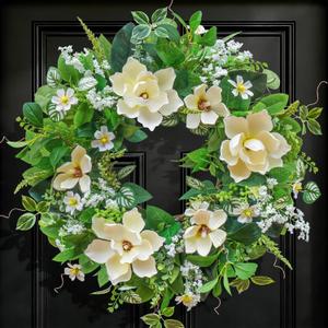 24 Inch Spring and Summer Magnolia Wreath for Front Door, Artificial White Magnolia with Berries and Greenery, Spring and Summer Door Wreath for Indoor Outdoor Decor