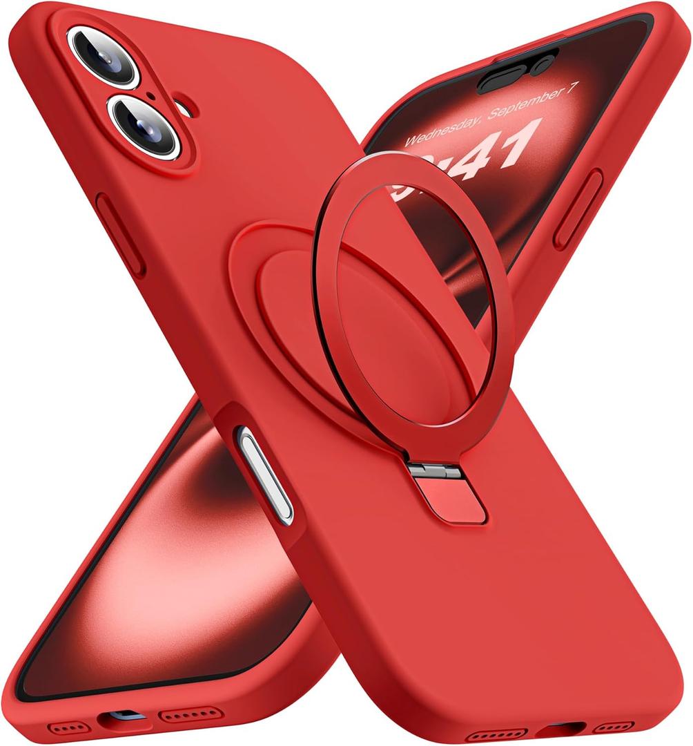 SKYLMW Designed for iPhone 16 Case with Magnetic Invisible Stand Compatible with Mag-Safe Military Drop Tested Shockproof Silicone Phone Cases for Women Men 6.1'', Red