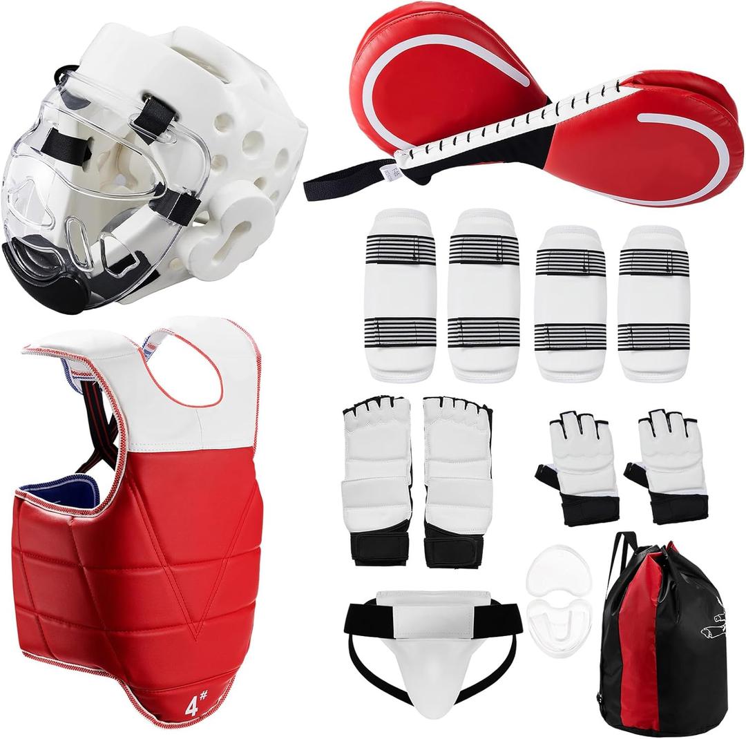 11 Pcs Taekwondo Sparring Gear Equipment Set for Kids Taekwondo Practice Training, Taekwondo Kick Pads Punching Mitts Head Chest Arm Groin Leg Foot Guard for Boxing (Large, Red and White)