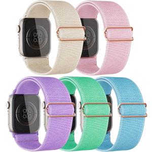 5 Packs Compatible with Kids Apple Watch Band,Comfy Stretchy Adjustable Nylon Replace Bands for Iwatch Ultra Series 9 8 7 6 5 4 3 SE SE2 38mm/40mm/41mm for Boy Girl Small Wrist. (Pink/ Purple/Starlight/Light Blue/Mint Green)