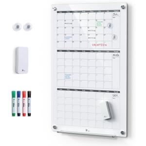 3-Month Vertical Layout 24'' x 36'' Magnetic Glass Dry Erase Calendar Board for Wall, Whiteboard Planner, Reusable Monthly Frameless Quarterly Whiteboard for Office, Home & Classroom with Accessories