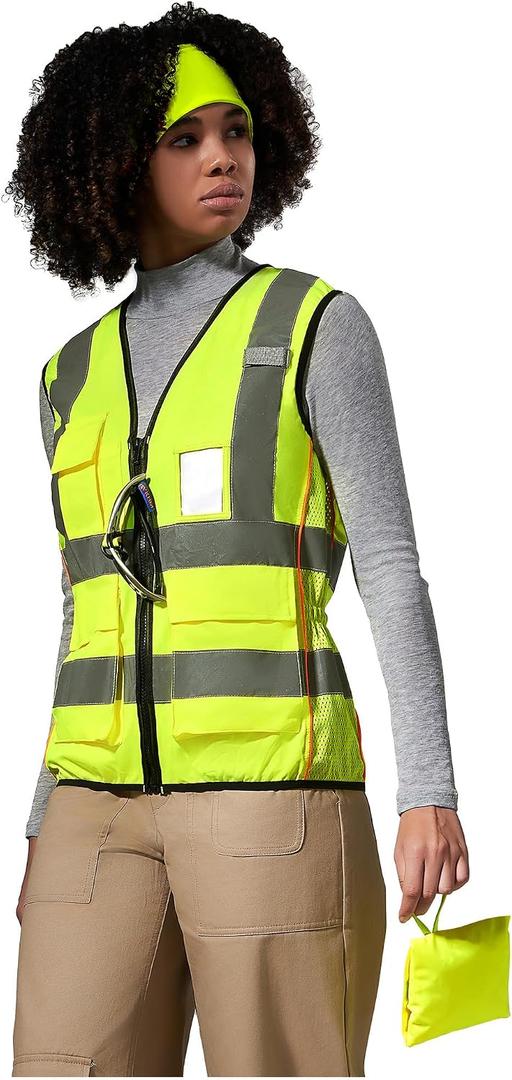 A-SAFETY High Vis Safety Vest for Women - Reflective Strips, Multi-Pockets, Zipper Closure M 