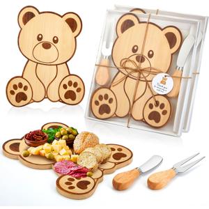 2 Set Baby Shower Prizes Bear Shaped Cheese Board with Cheese Knives and Forks Baby Shower Party Favors Gift Box for Wedding Bridal Birthday Gender Reveal Favor (Bamboo Color)