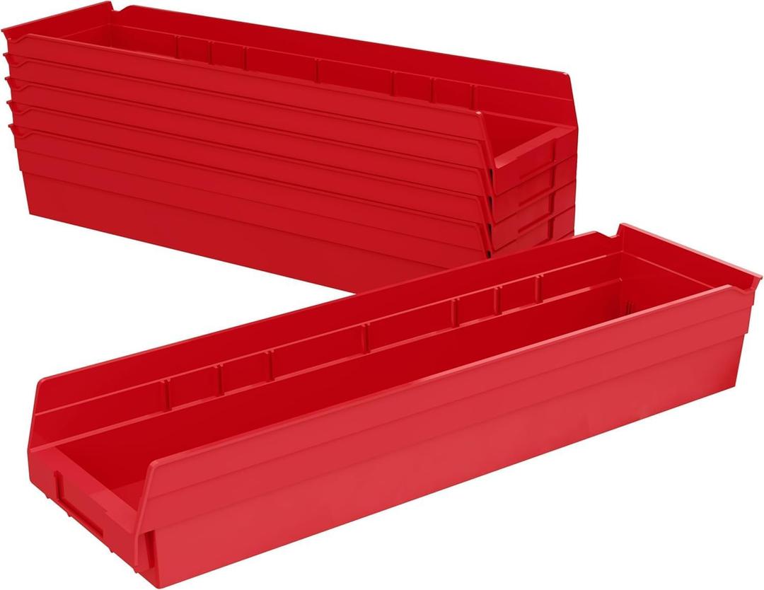 Akro-Mils 30164 Plastic Shelf Bins, Heavy Duty Storage Bins for Garage, Closet, and Drawer Organization, 24-Inch x 6-1/2-Inch x 4-Inch, Red, 6-Pack