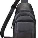Genuine Leather Sling Bag Crossbody Motorcycle Bag Handmade Chest Bag Hiking Daypack Retro Shoulder Backpacks (Black)
