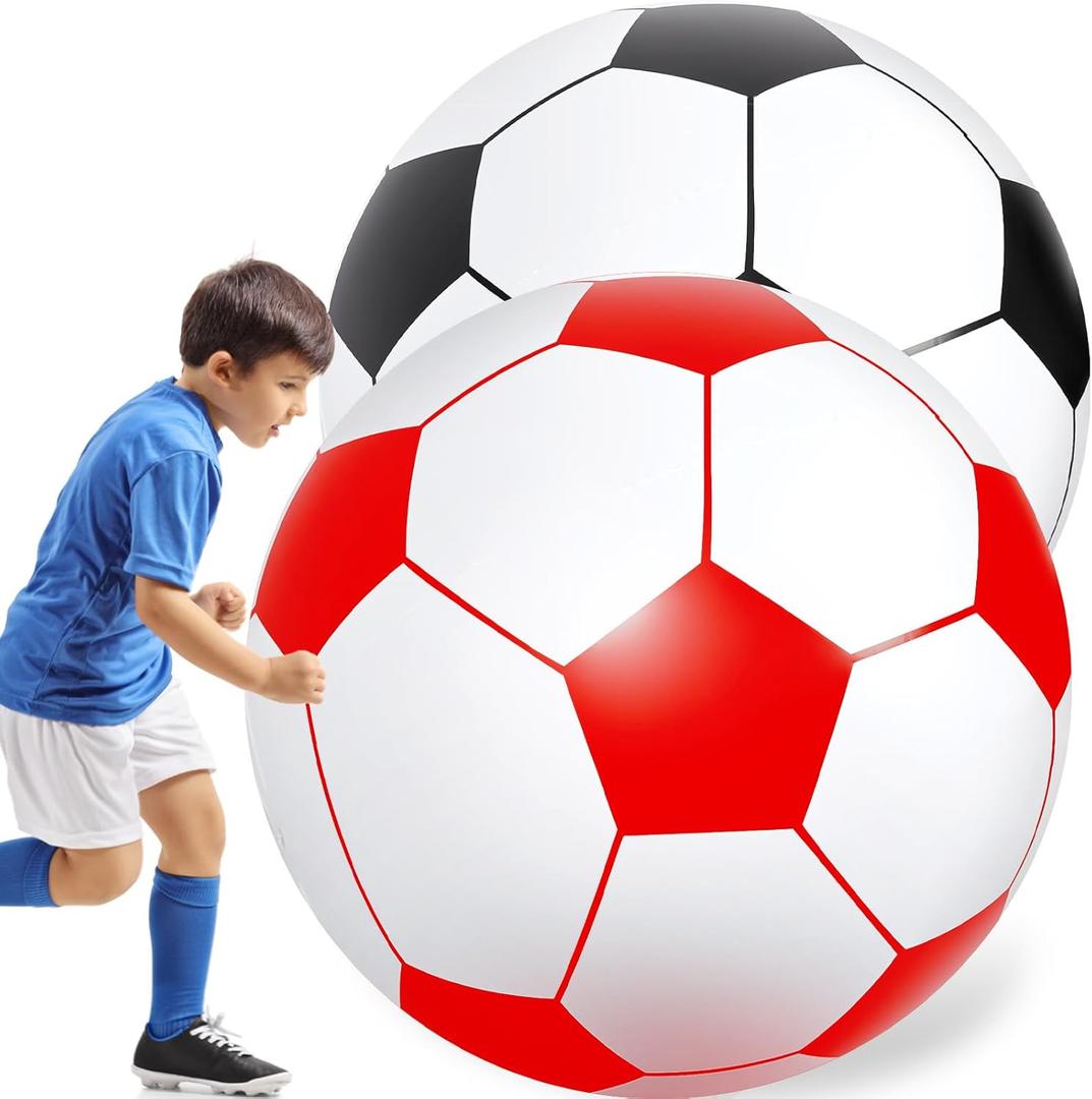Lewtemi 2 Pcs 40 Inch Giant Inflatable Soccer Ball Large Huge Beach Balloons Oversized Football Sport Birthday Party Decoration Favor Gift Pool Supplies for Outdoor Piata Activity (Black, Red)