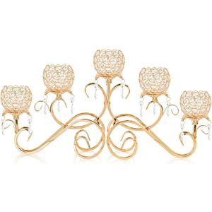 Gold 5 Arms 26.8 Inches Wide Crystal Pendant Bowl Tea Light Candle Holder, Large Bling Centerpiece Table Decorations, Metal Votive Candle Holders for Dining Table (Gold, Bowl-Shaped)