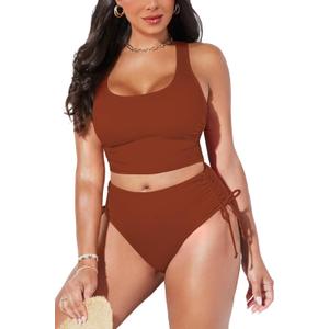 Pink Queen Women's Scoop Neck Racerback Ruched Crop Top High Waisted Bikini Sets 2 Piece Swimsuit Bathing Suit (XL, Caramel)
