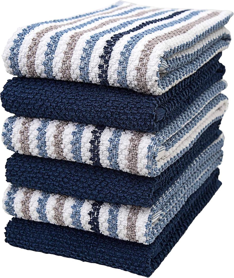 Premium Kitchen Towels (16x 26, 6 Pack) | Large Cotton Kitchen Hand Towels | Popcorn Striped Design | Dish Towels | 430 GSM Highly Absorbent Tea Towels Set with Hanging Loop | Blue (Blue - Wide Stripes)