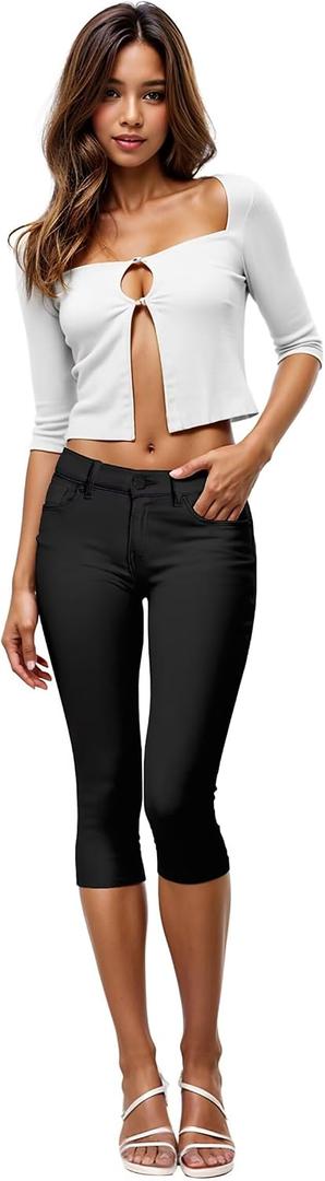 Hybrid & Company Women's Ultra Stretch Mid Rise Skinny Capri Pants with Pockets, Black Large