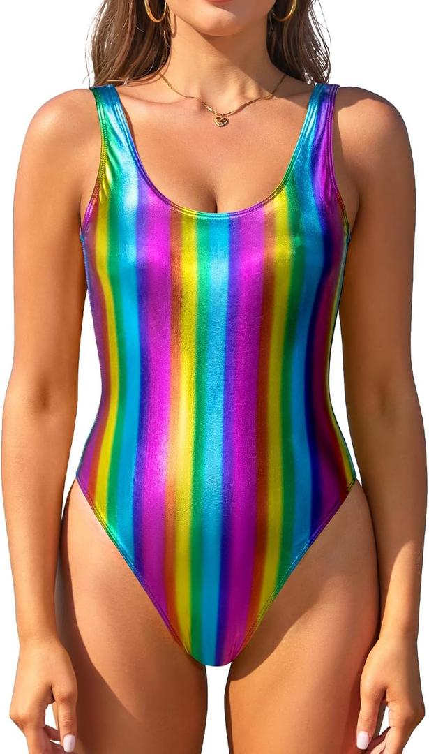 SHEKINI Women's Metallic Shiny Bathing Suit Scoop Neck Backless One Piece Swimsuits (X-Large, Rainbow)