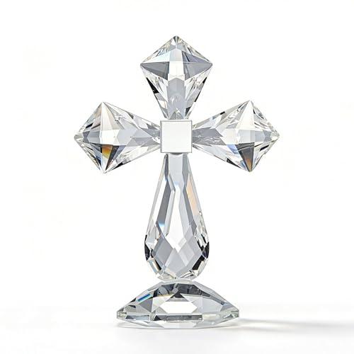 QFkris Clear Crystal Cross Standing Decor, Religious Gifts for Women Men, Crystal Desk Cross Figurines for Home Decor, Tabletop, Shelf
