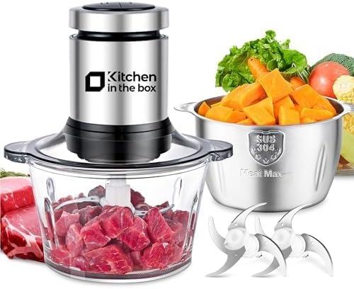 Kitchen in the box Food Processor, Electric Meat Grinder & Food Chopper with 400W Powerful Veggie Chopper-2 Bowls8 Cup+8 Cup & 2 Bi-Level Blades for Meat/Fish/Vegetable/Baby FoodBlack Button