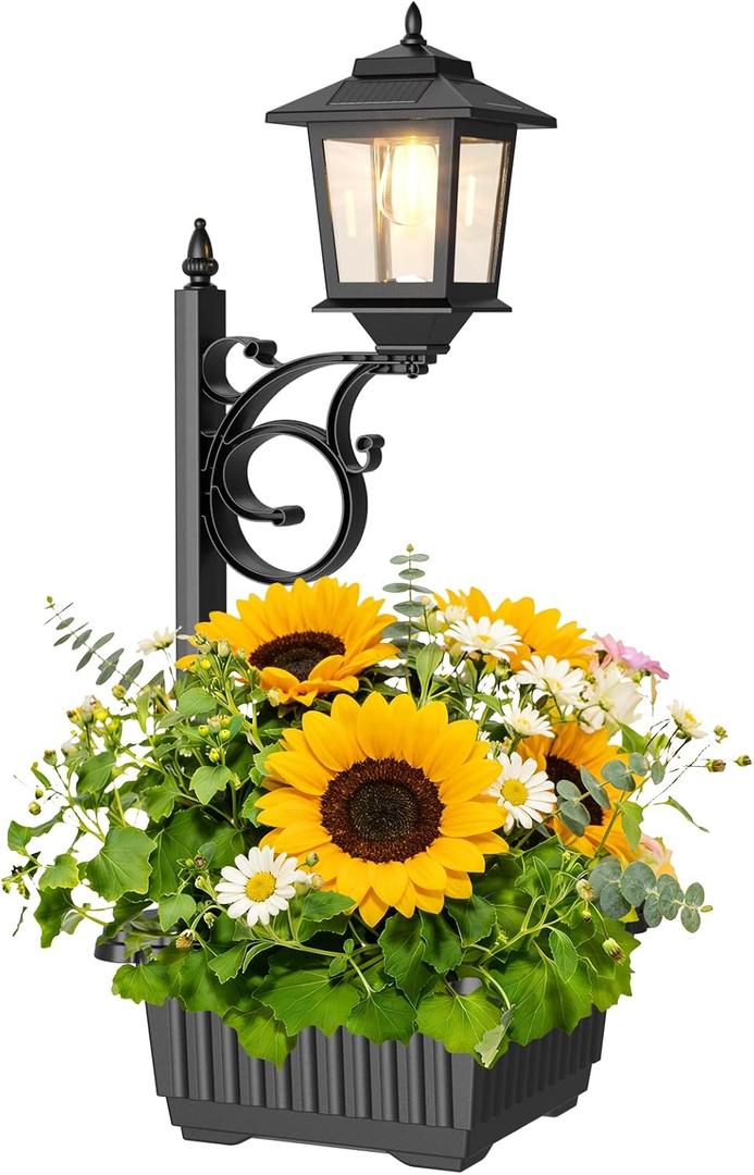 Melunar Outdoor Flower Pots 2 in 1, Solar Post Lamps Waterproof, Solar Lamp Post Lights, Wall Mount or Freestanding, Outdoor Decorative Lamp for Garden, Patio, Front Porch, Back Door, Warm White.
