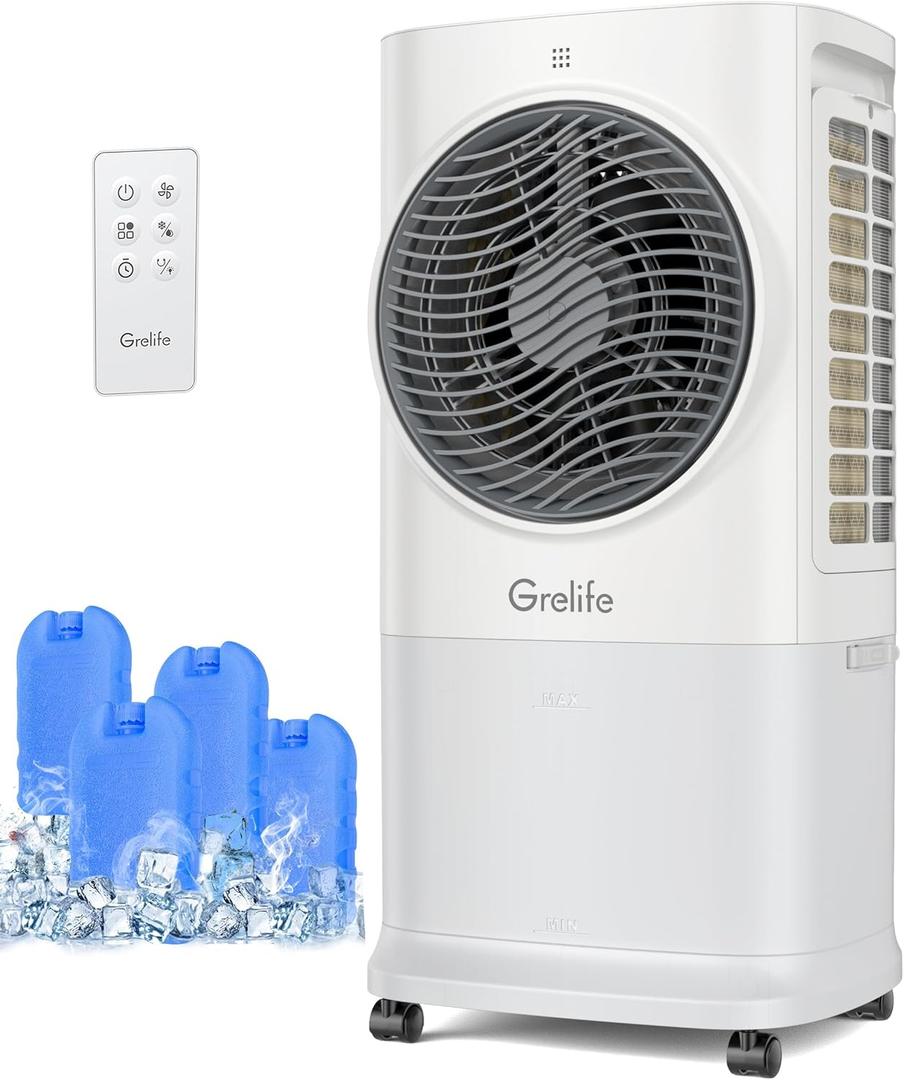 Grelife Portable Evaporative Air Cooler, 3-IN-1 Air Cooler Cooling Fan with Remote Control, 8H Timer, 4 Ice Packs, 6.5L Water Tank, 3 Modes, 3 Speeds, Personal Swamp Cooler for Bedroom/Office/Home