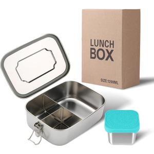 LEEPENK Stainless Steel Bento Box (40oz) with 6oz Condiment Container for Women, Leak Proof Metal Lunch Container with 3 Compartments, Metal Food Storage Lunch box for Work, Travel, Adults