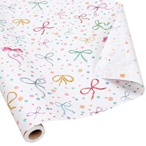 LaRibbons Reversible Bow Wrapping Paper Jumbo Roll with Pink Pom Pom, Coquette Bow & Colorful Terrazzo Design Gift Wrap for Girls, Women, Baby Shower, Birthday Party, 30 Inch × 40 Feet (100 sq. ft. ttl.)
