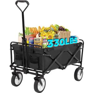 FDW 39''L Collapsible Wagon Cart, Heavy Duty Utility Folding Wagon for Outdoor Sports, 330 LBS Weight Capacity, Camping, Garden, and Shopping, Black