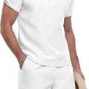 YTD Men's 2 Pieces Set Short Sleeve Henley Shirts and Shorts Texture Summer Beach Vacation Outfits (Large, White)