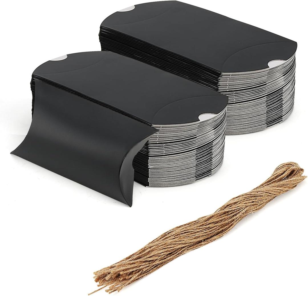 MANCHAP 100Pcs 5 x 3.4 Inch Black Pillow Boxes with Jute Twines, Large Cardboard Pillow Box, Pillow Candy Favor Box for Birthday, Wedding, Parties