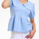 HOULENGS Women's Summer Puff Sleeve Peplum Babydoll Tops 2025 Peter Pan Collar Flowy Shirts Casual Ruffle Cute Blouse Top (Blue, L)