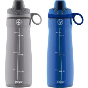 Pogo 2-Pack Plastic Water Bottle with Carry Handle, Reusable, BPA Free, Dishwasher Safe, Perfect for Travel, School, Outdoors, and Gym | 18oz, 32oz (Grey/Blue)