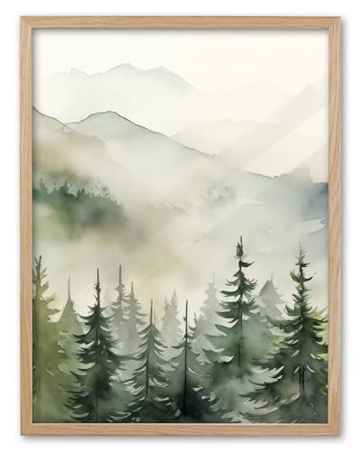 EcoHest Modern Sage Green Mountain Framed Wall Art, 12x16 in OAK Wood Pine Forest Canvas Wall Art, Minimalist Abstract Nature Bedroom Decor, Set of 1 For Living Room Bathroom