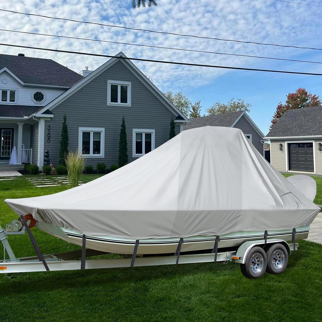 Wake Tower Boat Cover, 900D+600D Heavy Duty Waterproof Boat Cover with Tower, Fits V Hull Boat with Ski/Wakeboard Tower 23-25ft, Gray