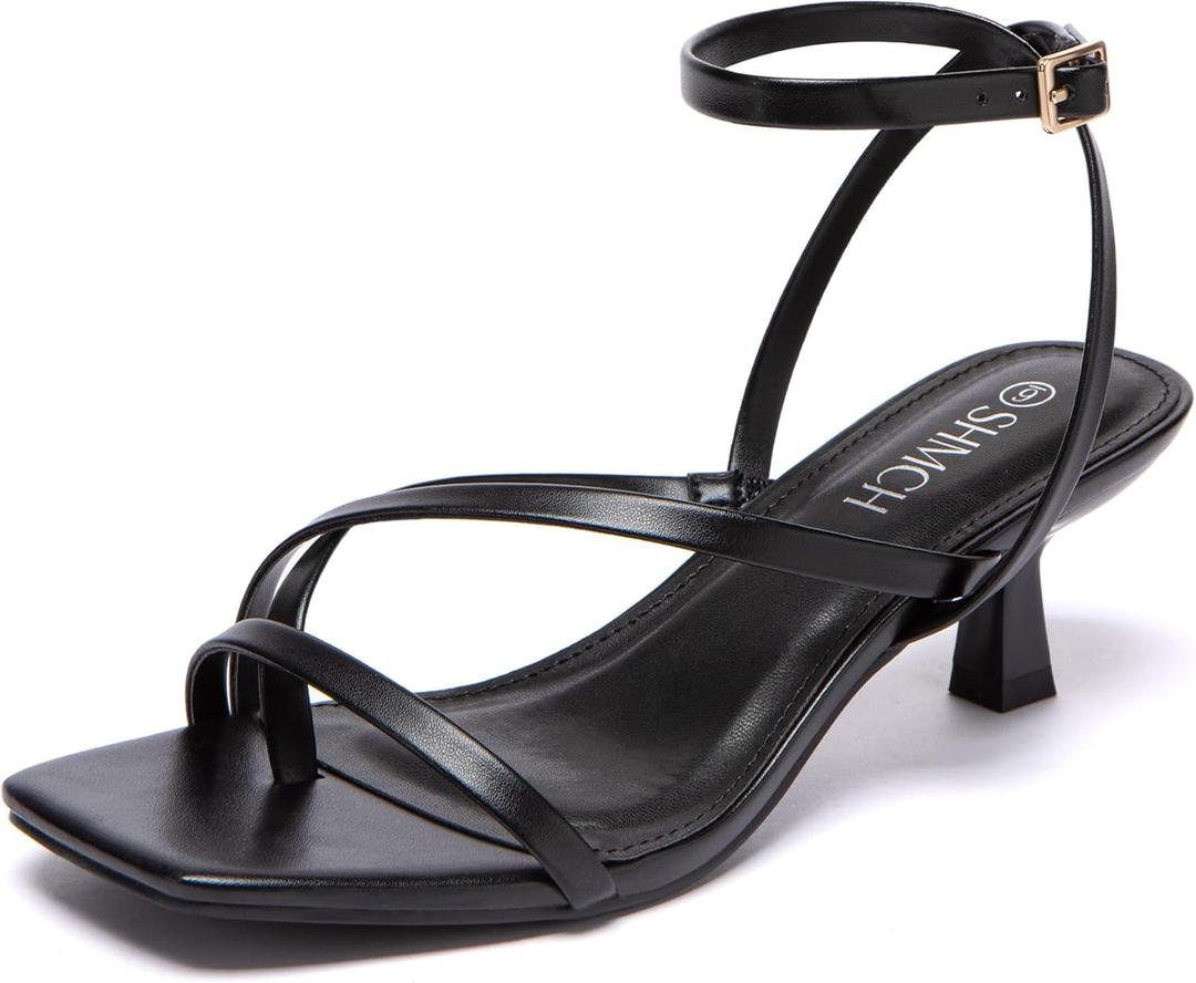 Kitten Heels for Women Low Strappy Lace Up Heels Square Toe Thong Ankle Strap Heels Fashion Comfort Dress Shoes (7, Black)