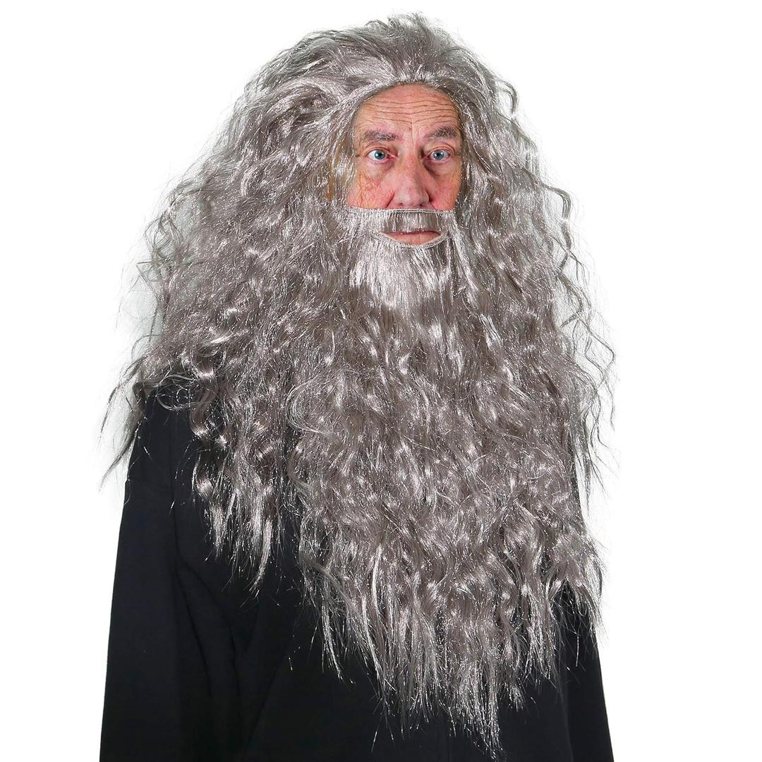 Skeleteen Grey Wig and Beard - Long Gray Wizard Wig and Beard Costume Accessory for Adults and Kids