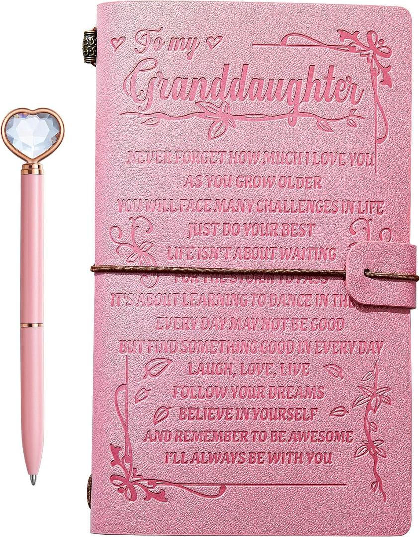 To My Granddaughters Gift Pink Leather Journal+Heart Diamond Pen Set ,Engraved Notebook Writing Journal,Refillable Notepads,Travel Diary Graduation Back to School,Christmas,Birthday Gifts for