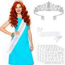 Remuuly 1 Set Princess Sash for Pageants Prom Queen Crown Blank Sashes Rhinestones Tiara Satin Sash with Rhinestone Iron on Letters Stickers for Halloween Prom Graduation