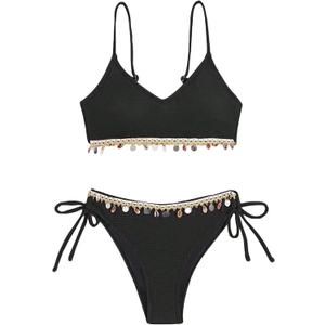 Women's Shiny V Neck Bathing Suit Triangle Summer Swimsuit Bikini Set 2 Piece (Medium, Black)