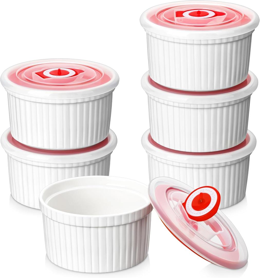 MALACASA Ramekins with Lids 8 oz - Set of 6, White Porcelain Creme Brulee Souffle Ramekins with Covers, Ceramic Custard Cups for Baking, Dishwasher and Oven Safe, Series RAMEKIN-DISH