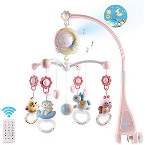 Baby Musical Crib Mobile with Timing Function Projector and Lights,Hanging Rotating Rattles and Remote Control Music Box with 150 Melodies,Toy for Newborn 0-24 Months