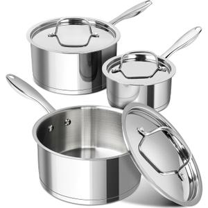 MICHELANGELO Stainless Steel Saucepan Set with Stainless Lids, Tri-Ply Bottom Sauce Pan with Lid, Sauce Pot Set 1QT & 2QT &3QT, Nonstick Saucepan, Dishwasher Safe (1+2+3 QT)