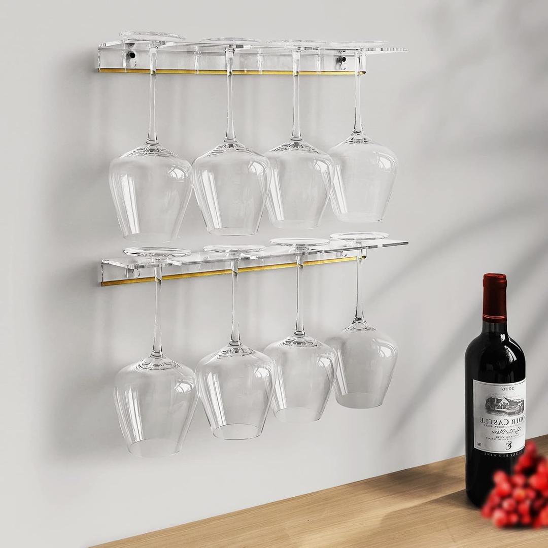Wall Mounted Wine Glass Holder, Stemware Storage Shelves, Clear Acrylic Under Cabinet Rack (4 Glasses 2 Pack) 