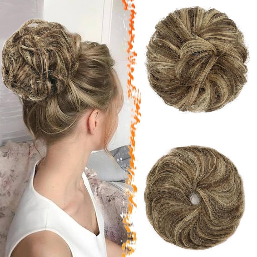BARSDAR 2 PCS Messy Bun Hair Pieces - Elastic Brown Blonde Messy Hair Bun Scrunchies Extensions for Women - Synthetic Thick Fluffy Updo Chignons Hairpieces - Medium Brown with Blonde