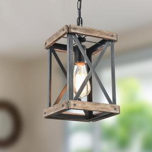 Farmhouse Pendant Light, Adjustable Metal and Wood Chandelier Light Fixture, Rustic Pendant Lighting for Kitchen Island, Bedroom, Dining Room and Entryway (Brown) (1 Pack)