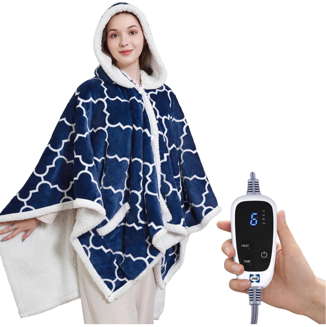 Sealy Wearable Heated Throw Blanket, Flannel & Sherpa Electric Throw Shawl Poncho with Hoodie & Pocket, 6 Heating Levels & 2-10 Hours Auto Shut Off, Machine Washable, 50x60 Inch, Light Blue