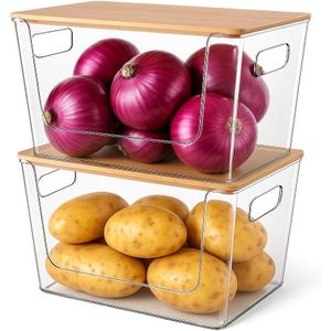 CiWiVOKi 2 Set Pantry Organizers and Storage - Clear Stackable Bins with Bamboo Lid for Fruit, Onion, Potato, Vegetable - Trash Bag Holder Dispenser Under Sink Organizer for 4-13 Gal Bags
